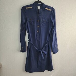 Cache Women S Shirtdress Navy Blue Military Dress Midi With Belt Silk Blend